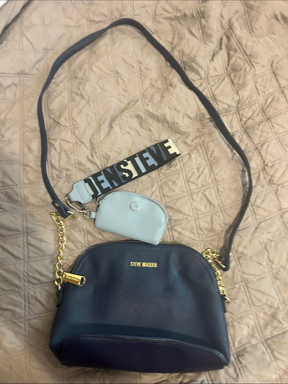 Steve Madden Black Crossbody Bag with Gold Hardware and Light Gray Coin Pouch